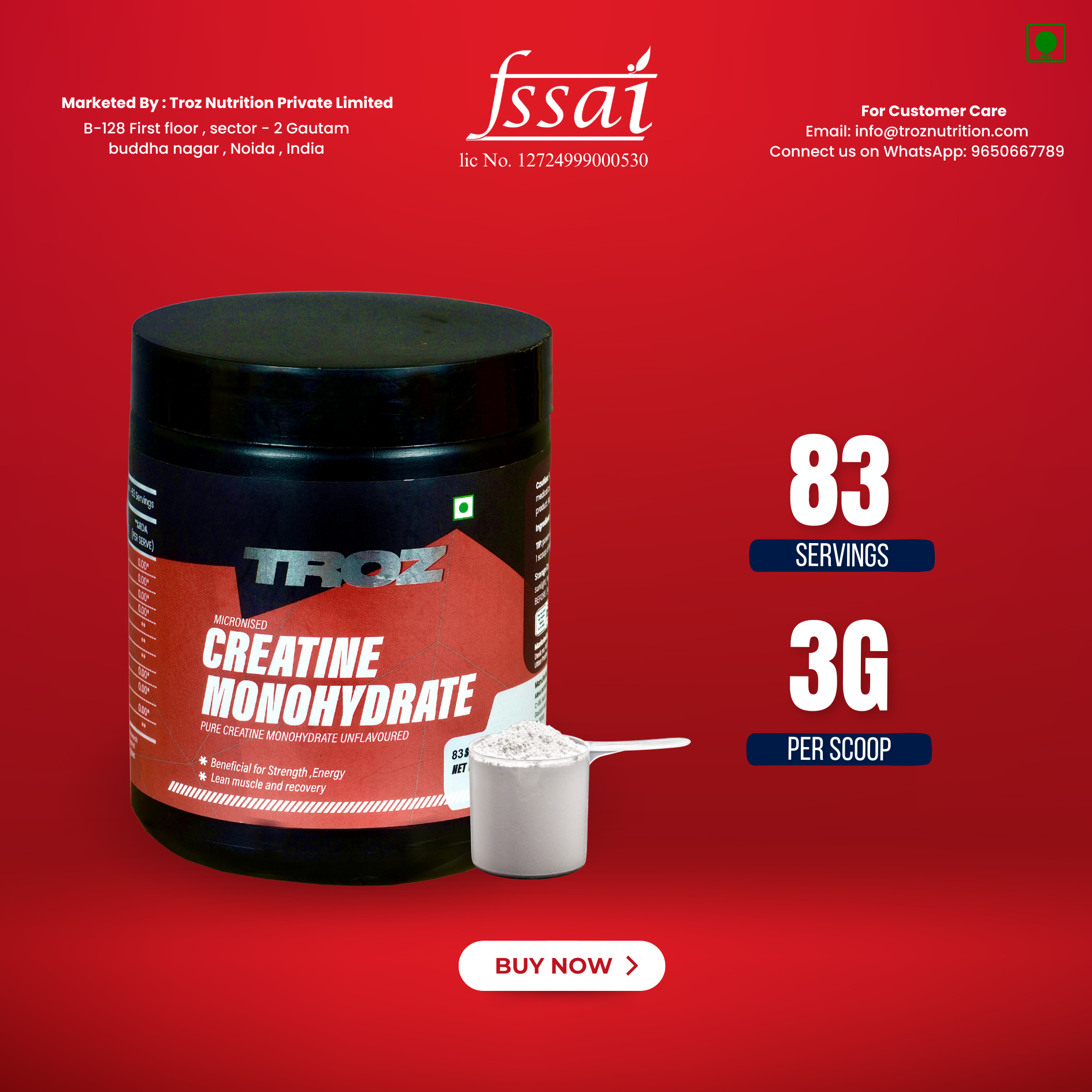 Troz - Creatine Monohydrate Micronised (250g, 83 Servings) 100% Pure Creatine | Unflavored | Supports Athletic Performance and Power