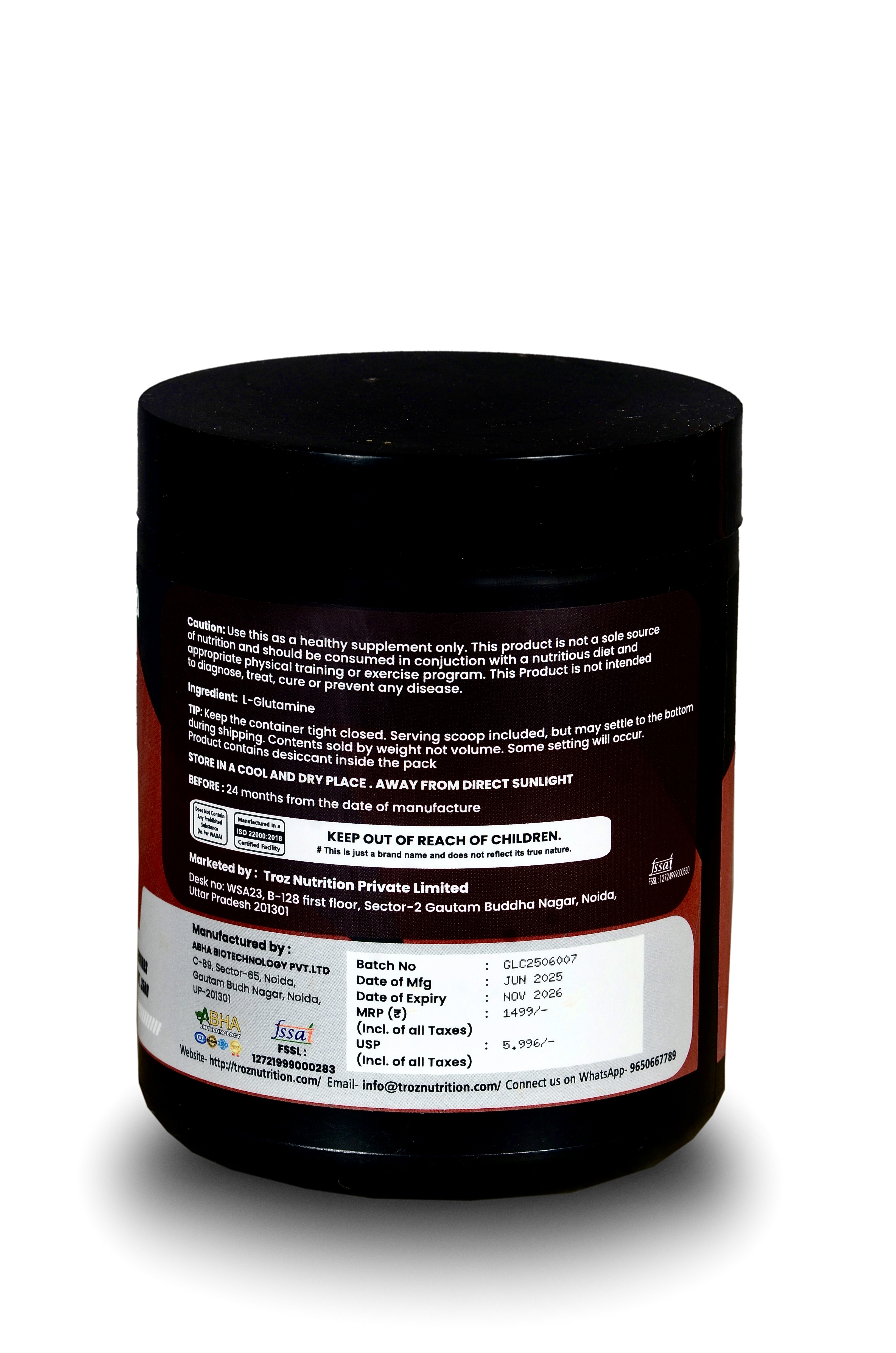 Troz L-Glutamine Powder 5000 mg (250 GM,50 Servings) For Speeds Up Post Workout Growth & Recovery Supplement | Good For Digestive Health - Tested & Trusted, No Artificial Filler - Unflavored